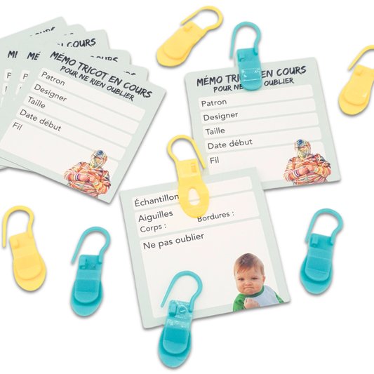 Lot de 4 marqueurs spéciaux encours + 8 cartes “Tricot en cours”