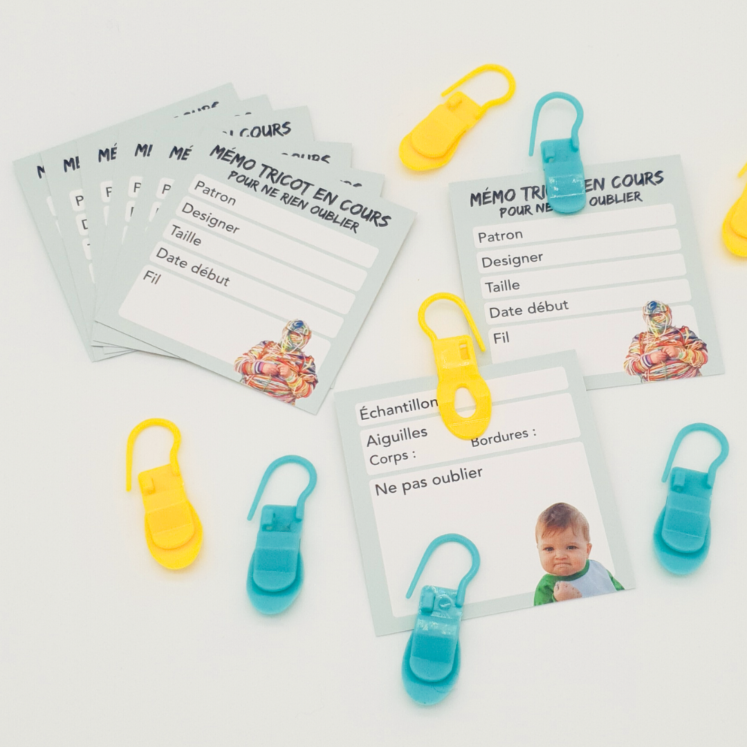 Lot de 4 marqueurs spéciaux encours + 8 cartes “Tricot en cours”