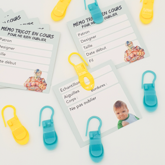 Lot de 4 marqueurs spéciaux encours + 8 cartes “Tricot en cours”