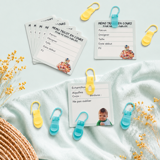 Lot de 4 marqueurs spéciaux encours + 8 cartes “Tricot en cours”