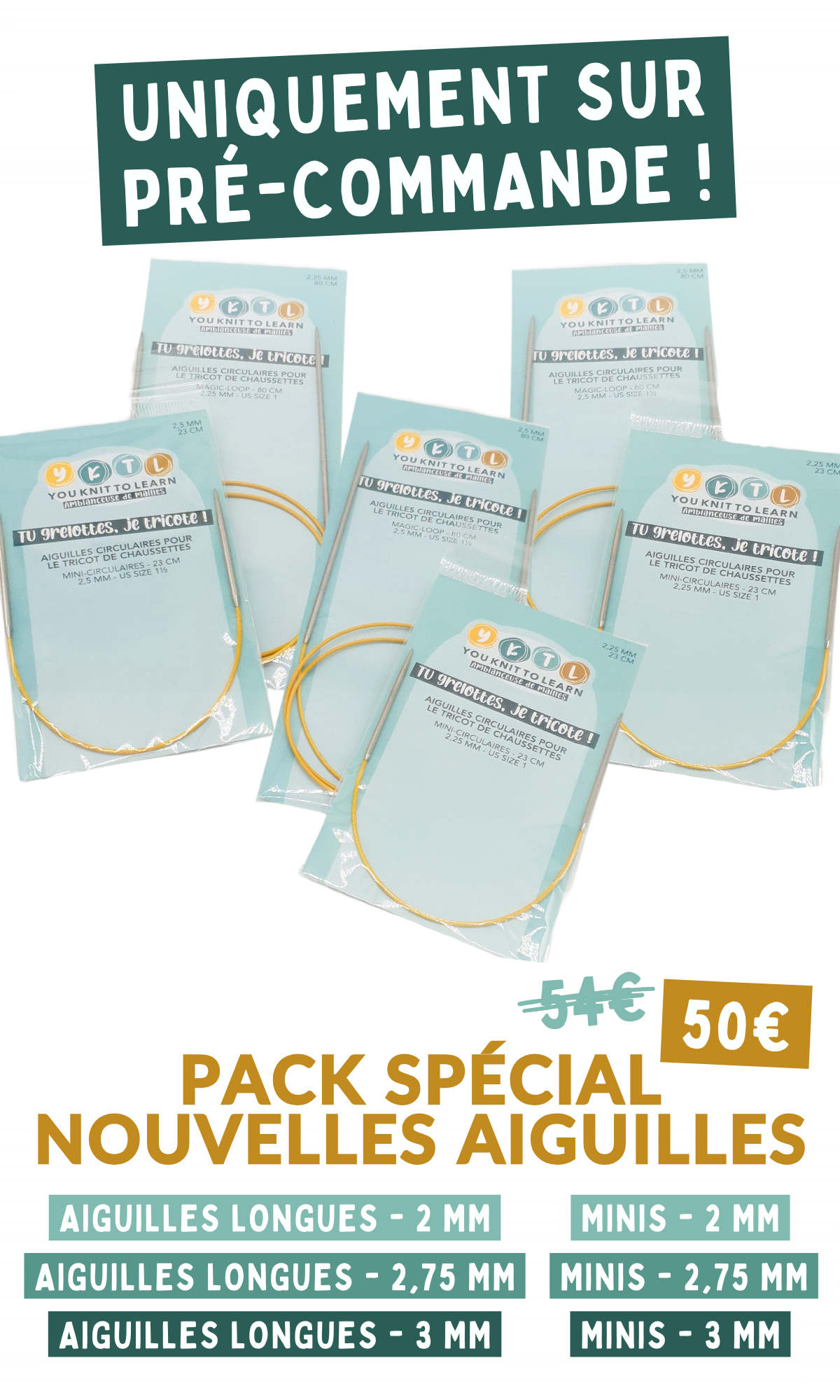 Pack nouvelles aiguilles – 6 aiguilles (80 / 23 cm – 2 mm, 2,75 mm et 3 mm)